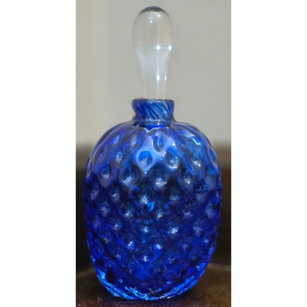 Vintage 1998 Signed Studio Art Glass Perfume Bottle Cobalt Blue Hobnail Textured